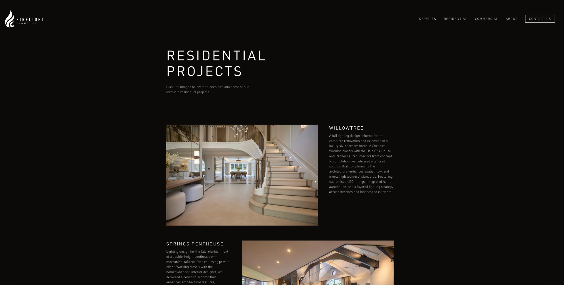 Firelight Lighting website: residential projects